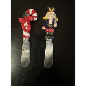 CHRISTMAS BUTTER CHEESE SPREADER KNIVES BOSTON WAREHOUSE CANDY CANE & NUTCRACKER